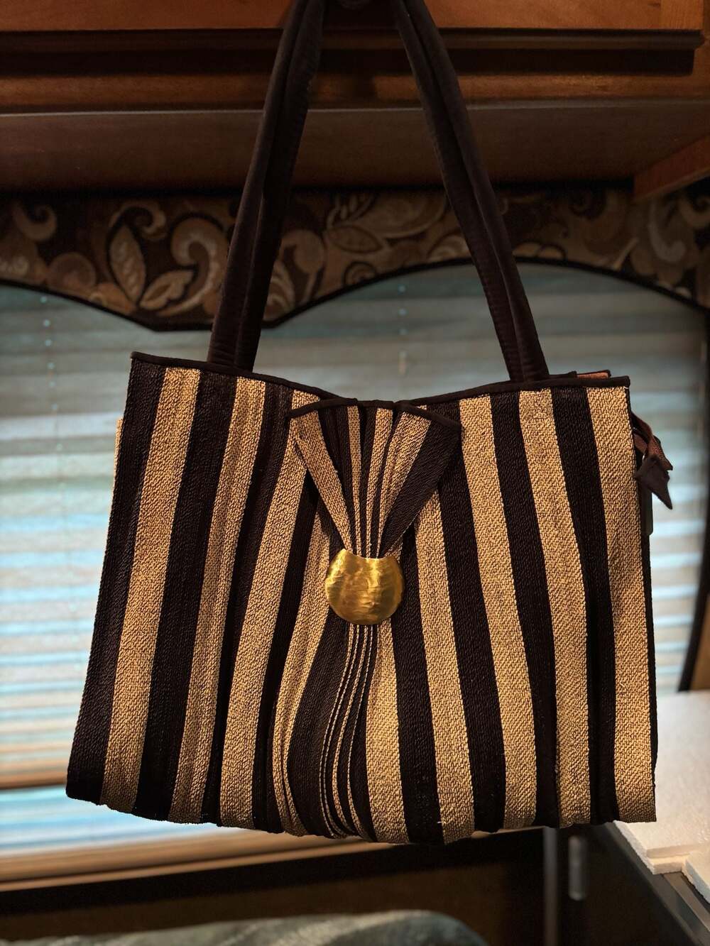 Hand-Loomed Cotton Striped Tote Bag with Brass Detail